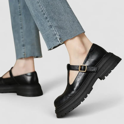 Women's chunky leather platform Mary-Jane shoes with buckle T-strap