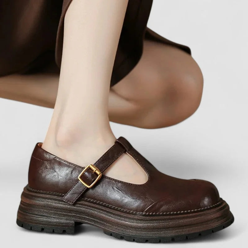 Women's chunky leather platform Mary-Jane shoes with buckle T-strap