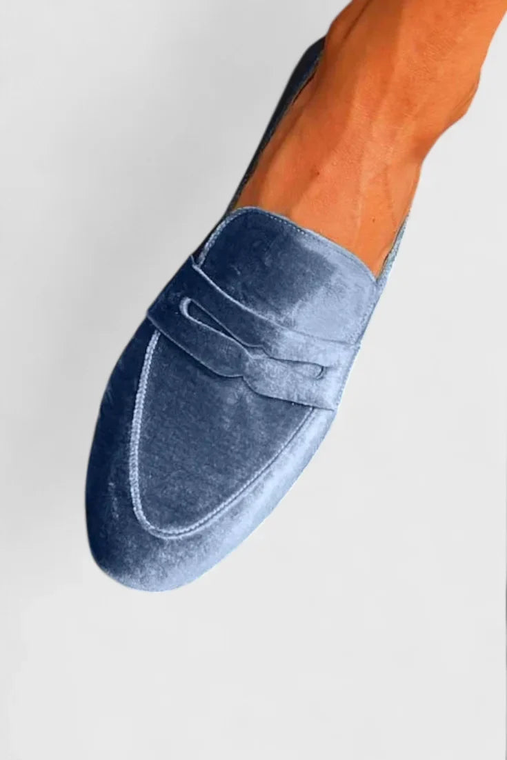 Women's classic velvet slip-on loafers with penny-slot strap – Blue