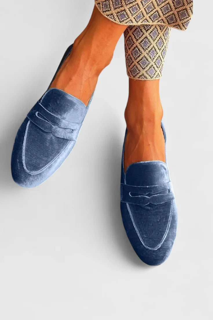 Women's classic velvet slip-on loafers with penny-slot strap – Blue