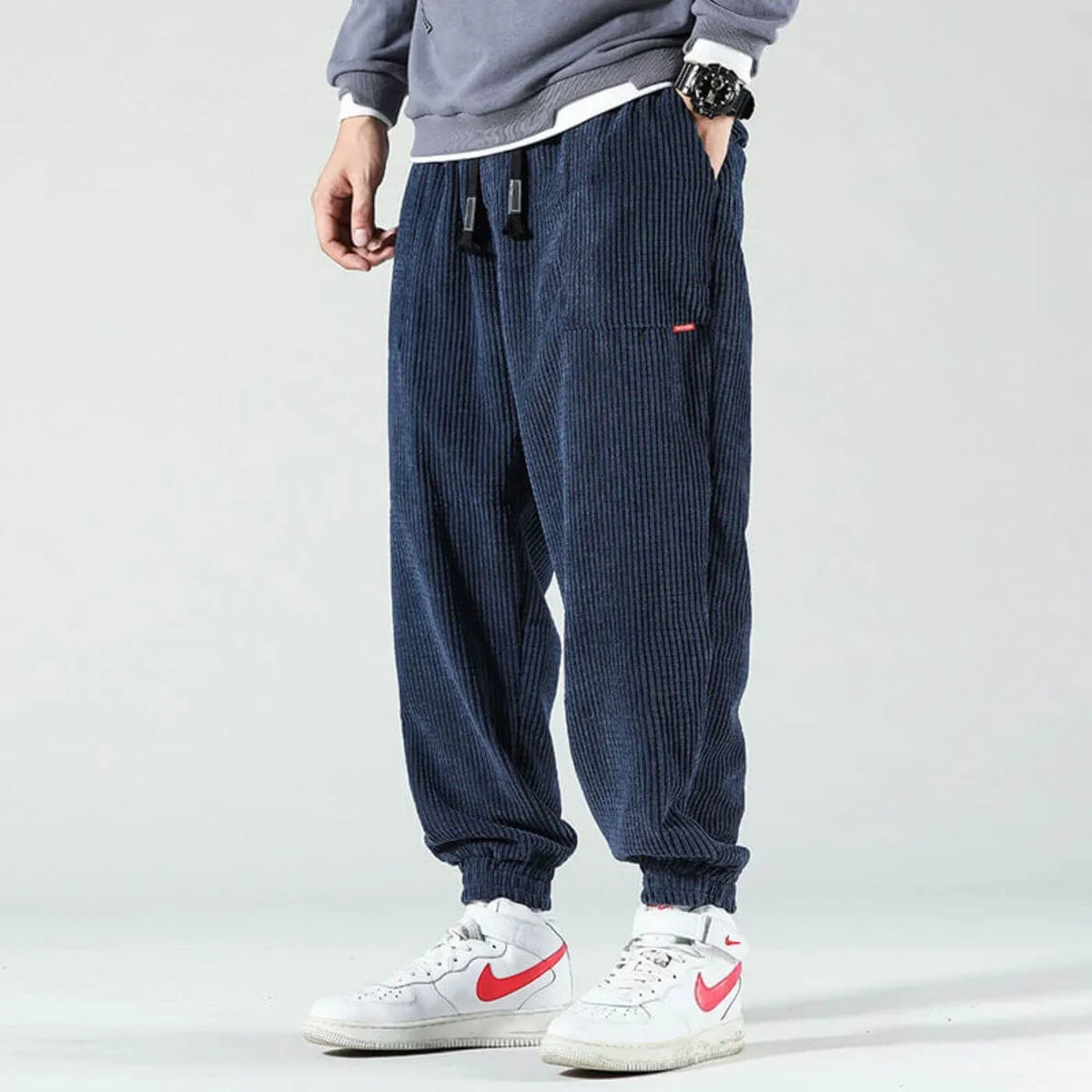 Women's classic corduroy joggers with drawstring waist and elastic cuffs – Marine blue