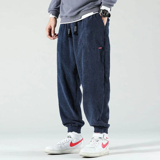 Women's classic corduroy joggers with drawstring waist and elastic cuffs – Marine blue