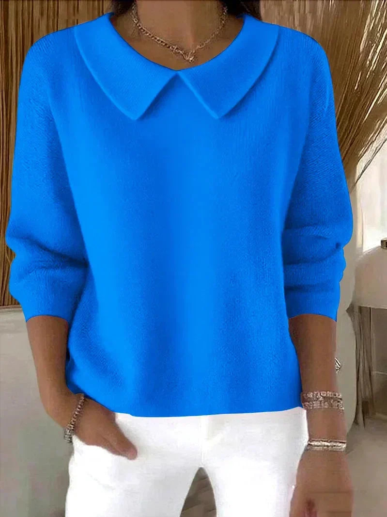 Women's classic knit sweater with a peter pan collar and long sleeves – Blue