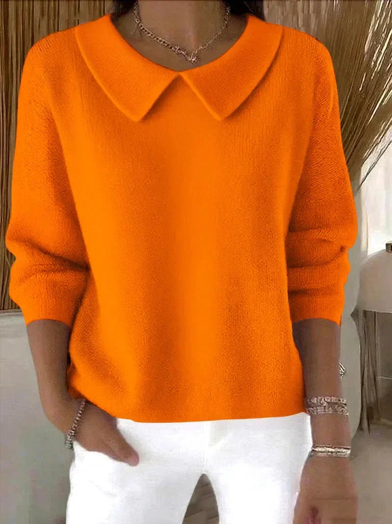 Women's classic knit sweater with a peter pan collar and long sleeves – Orange