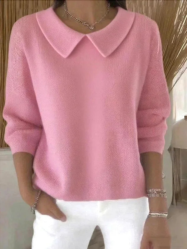 Women's classic knit sweater with a peter pan collar and long sleeves – Pink