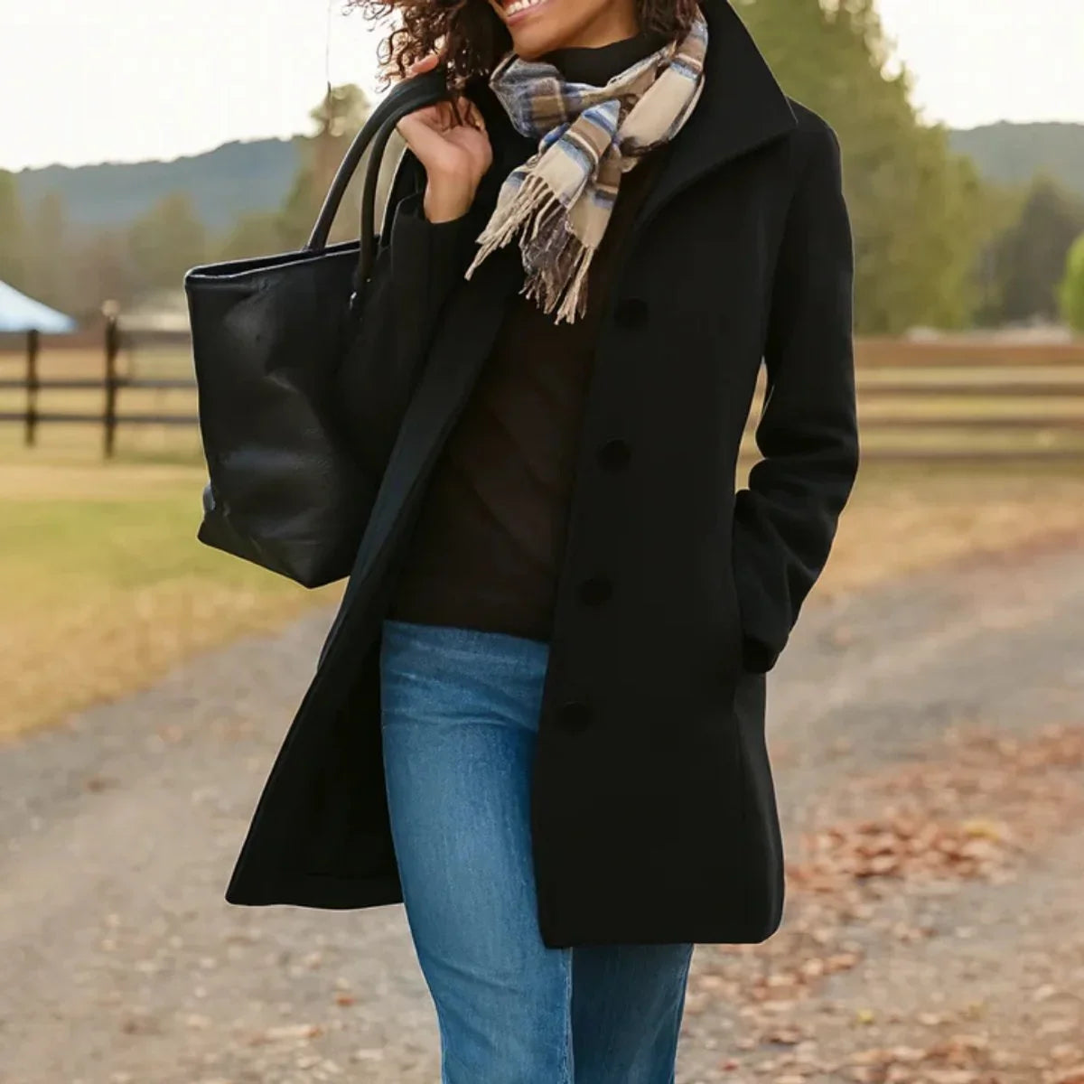 Women's classic mid-length single-breasted wool-blend coat – Black