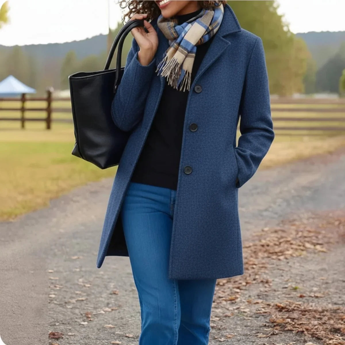 Women's classic mid-length single-breasted wool-blend coat – Blue