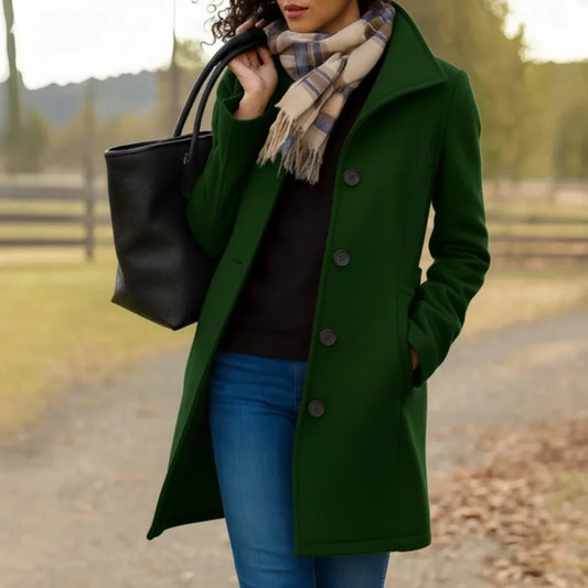 Women's classic mid-length single-breasted wool-blend coat – Dark Green