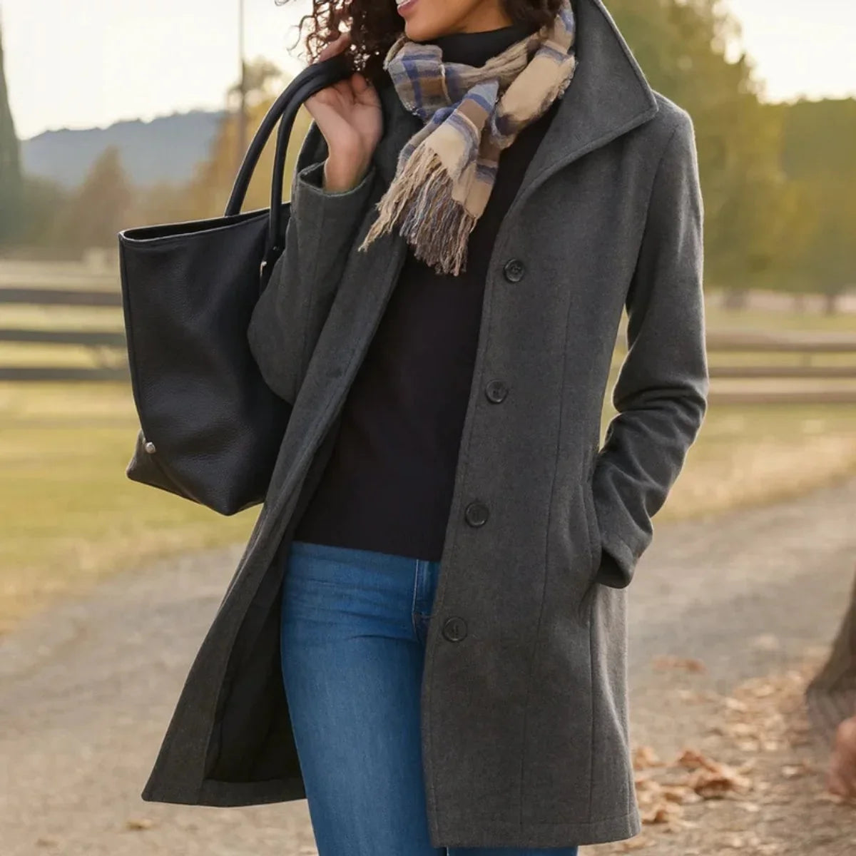 Women's classic mid-length single-breasted wool-blend coat – Gray