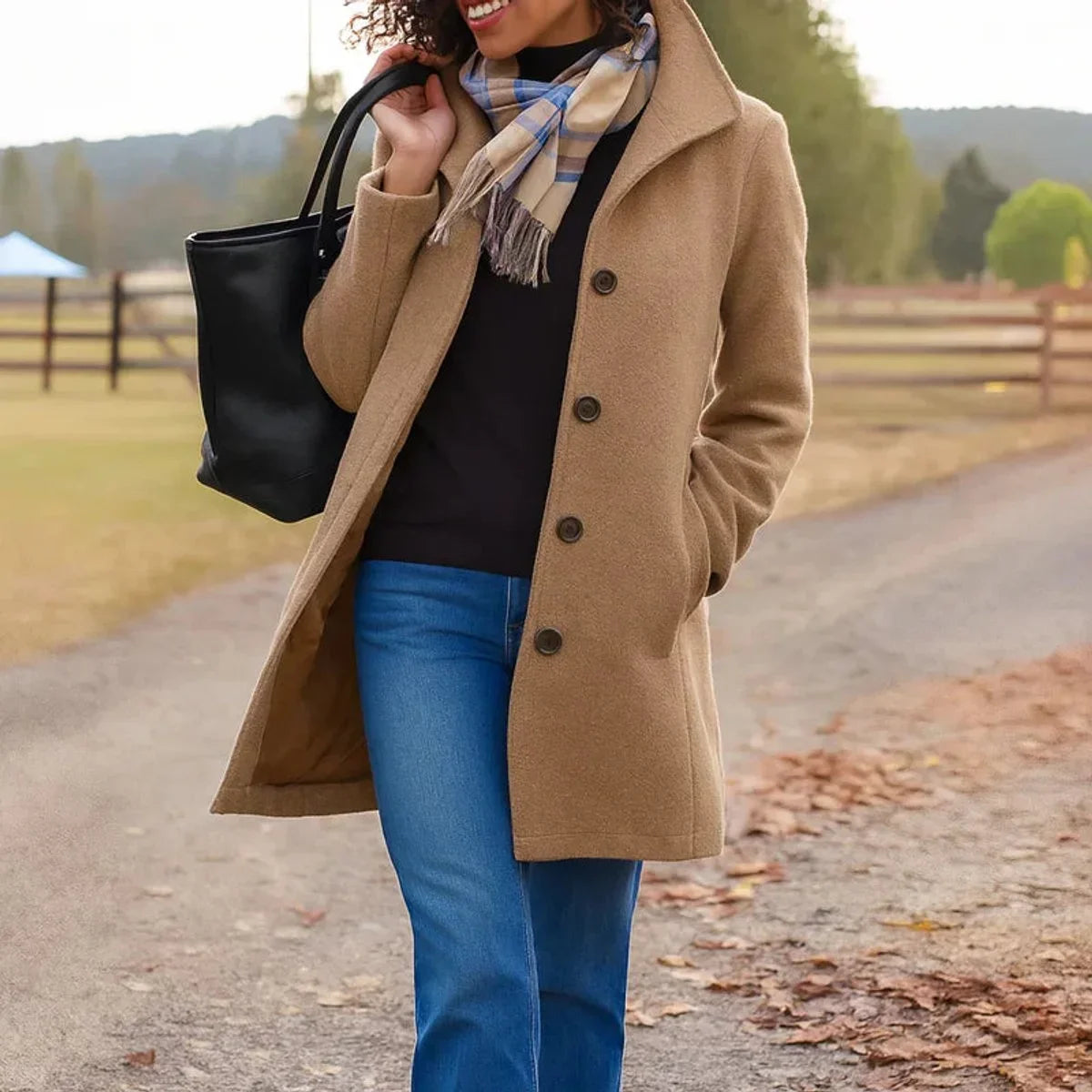 Women's classic mid-length single-breasted wool-blend coat – Khaki