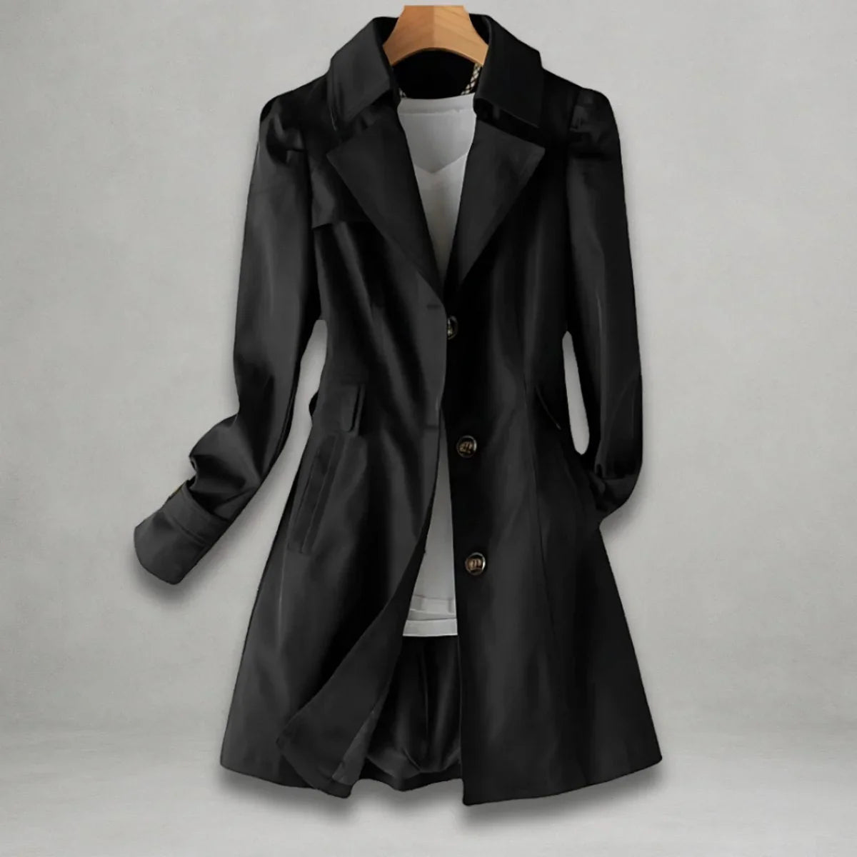 Women's classic single-breasted trench coat notch lapel – Black