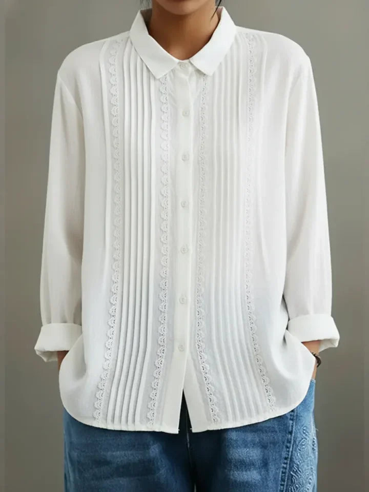 Women's collared long-sleeve blouse with button-up lace-trim pintuck front