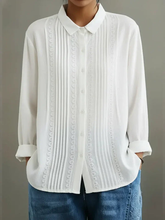 Women's collared long-sleeve blouse with button-up lace-trim pintuck front