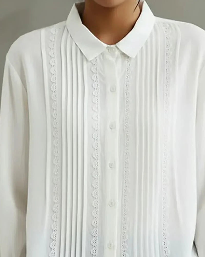 Women's collared long-sleeve blouse with button-up lace-trim pintuck front