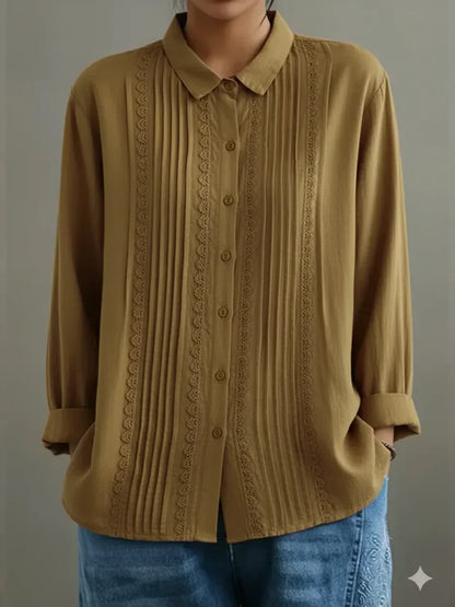 Women's collared long-sleeve blouse with button-up lace-trim pintuck front – Beige
