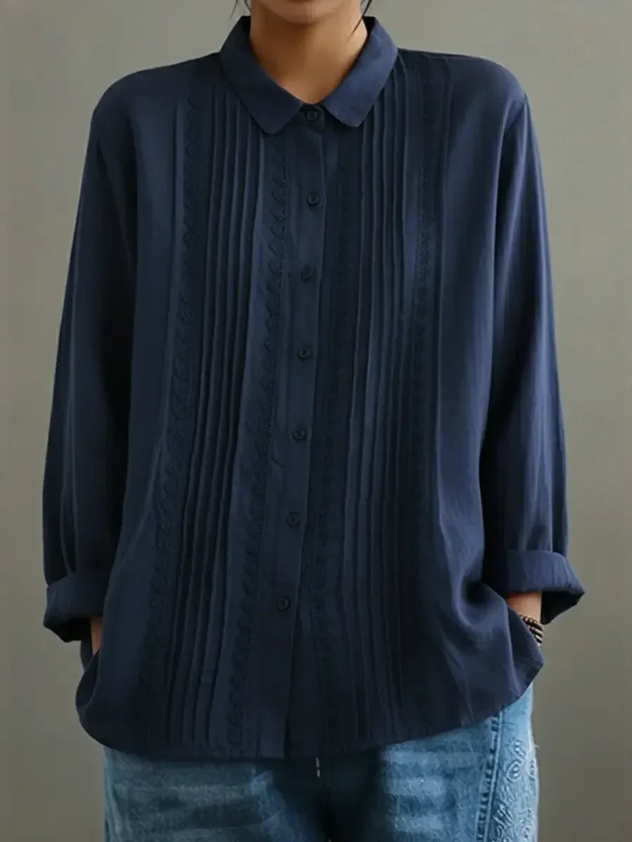 Women's collared long-sleeve blouse with button-up lace-trim pintuck front – Blue