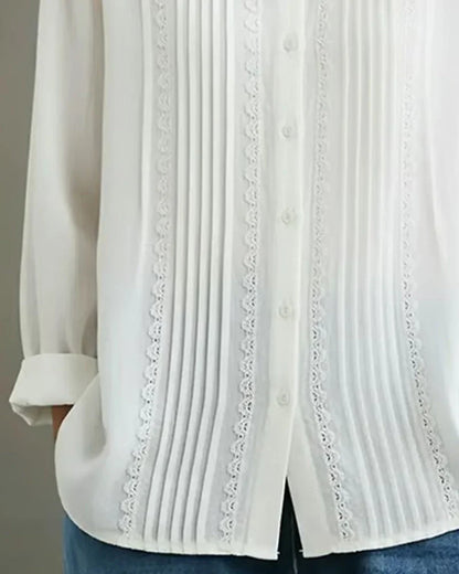 Women's collared long-sleeve blouse with button-up lace-trim pintuck front