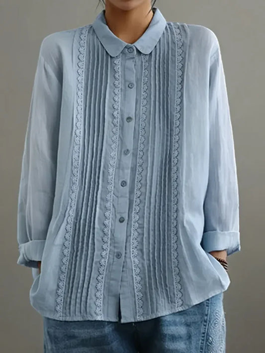 Women's collared long-sleeve blouse with button-up lace-trim pintuck front – Light Blue