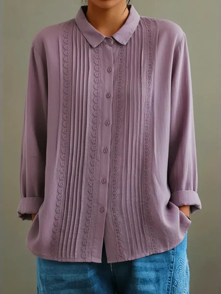 Women's collared long-sleeve blouse with button-up lace-trim pintuck front – Purple