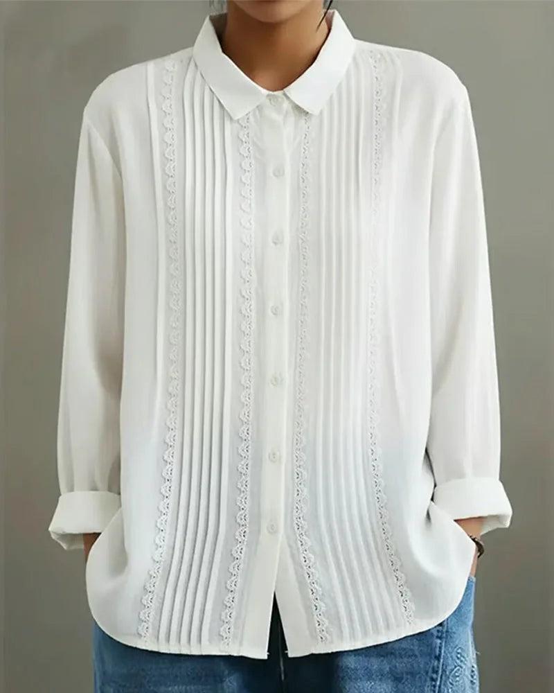 Women's collared long-sleeve blouse with button-up lace-trim pintuck front – White