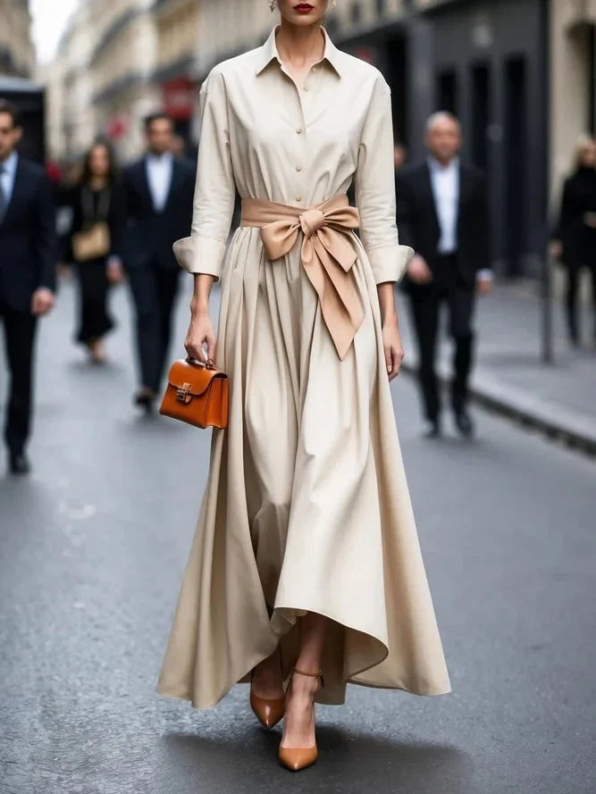 Women's collared long-sleeve maxi dress with self-tie waist and button-front – Beige
