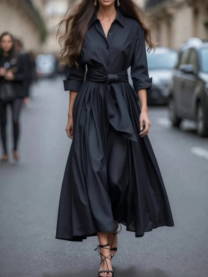 Women's collared long-sleeve maxi dress with self-tie waist and button-front – Black
