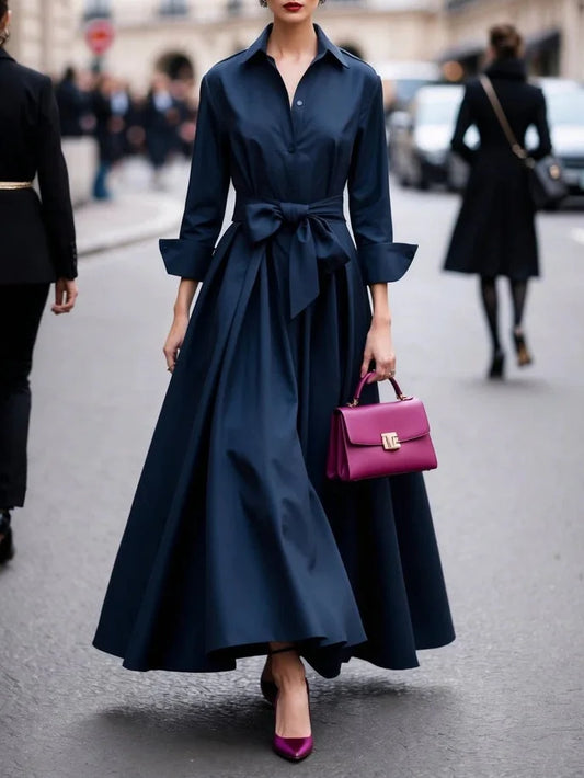 Women's collared long-sleeve maxi dress with self-tie waist and button-front – Navy