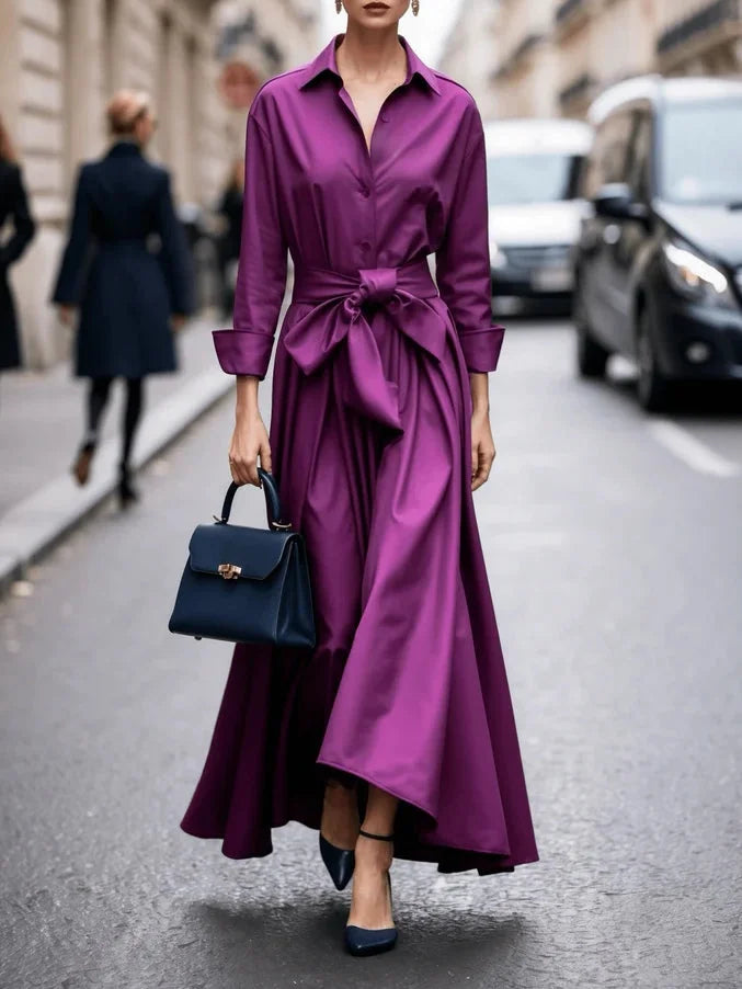 Women's collared long-sleeve maxi dress with self-tie waist and button-front – Purple