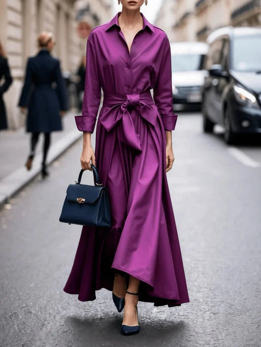Women's collared long-sleeve maxi dress with self-tie waist and button-front – Purple