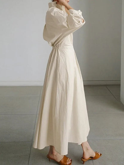 Women's collared V-neck long-sleeve maxi dress with pleated A-line skirt