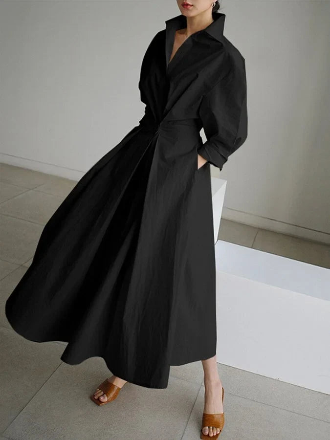 Women's collared V-neck long-sleeve maxi dress with pleated A-line skirt