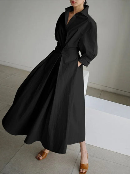 Women's collared V-neck long-sleeve maxi dress with pleated A-line skirt