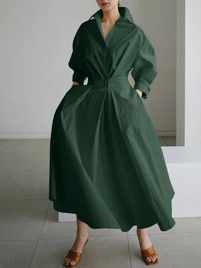 Women's collared V-neck long-sleeve maxi dress with pleated A-line skirt – Army green