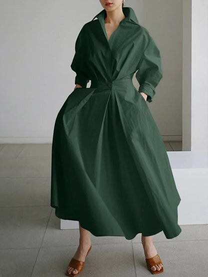 Women's collared V-neck long-sleeve maxi dress with pleated A-line skirt – Army green