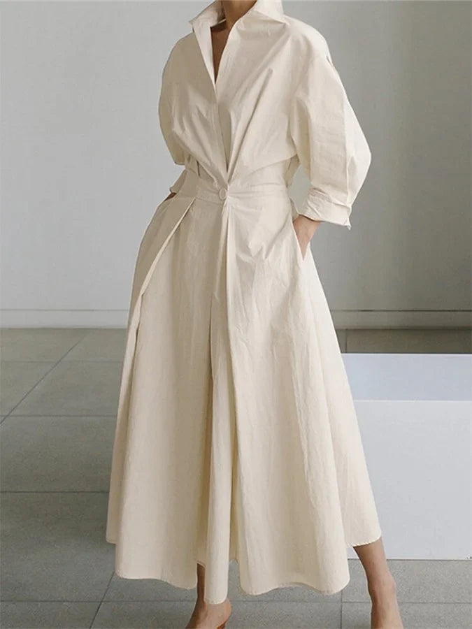 Women's collared V-neck long-sleeve maxi dress with pleated A-line skirt – Beige