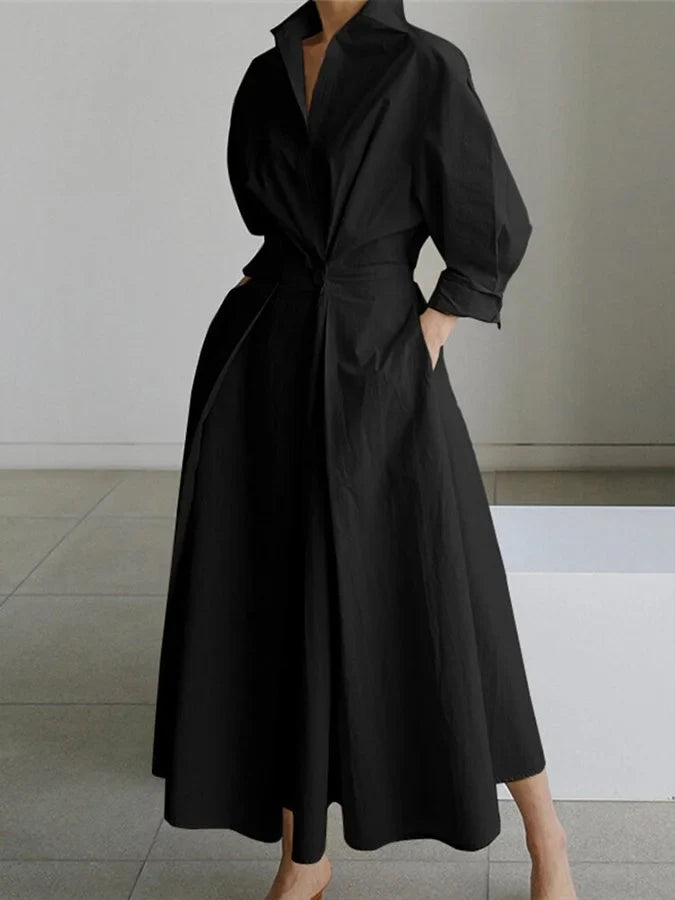 Women's collared V-neck long-sleeve maxi dress with pleated A-line skirt – Black