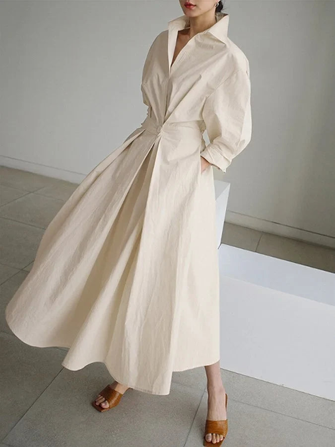 Women's collared V-neck long-sleeve maxi dress with pleated A-line skirt