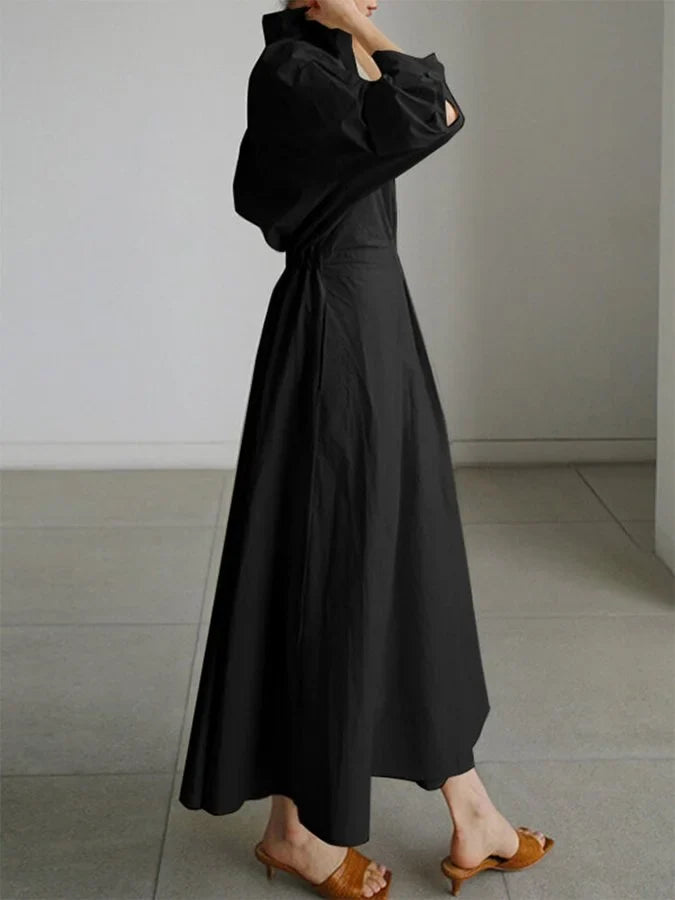 Women's collared V-neck long-sleeve maxi dress with pleated A-line skirt