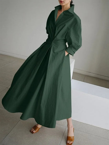 Women's collared V-neck long-sleeve maxi dress with pleated A-line skirt