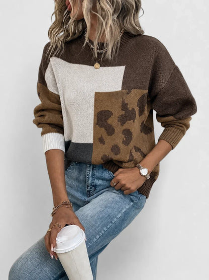 Women's color block animal print knit sweater with crew neck