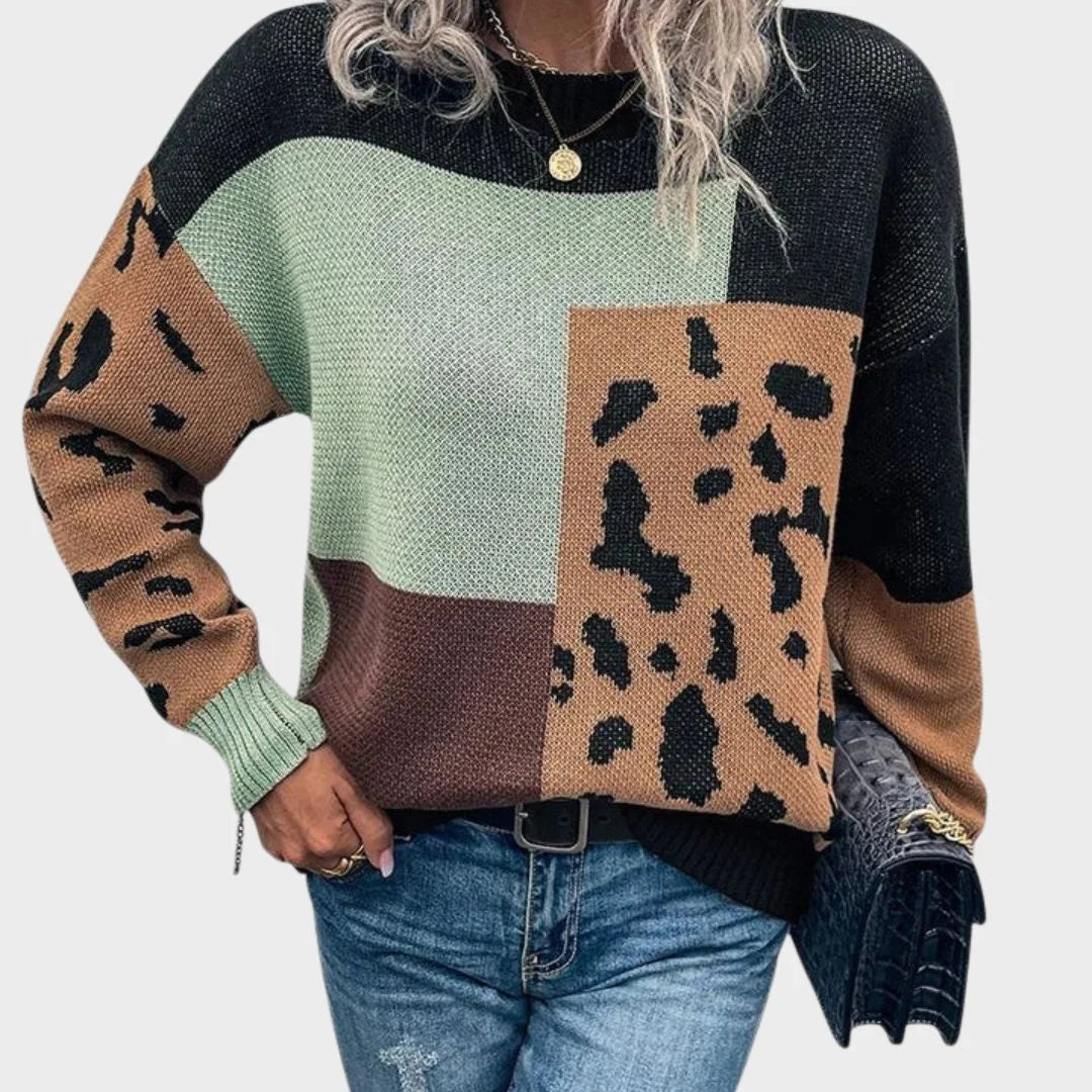 Women's color block animal print knit sweater with crew neck – Black