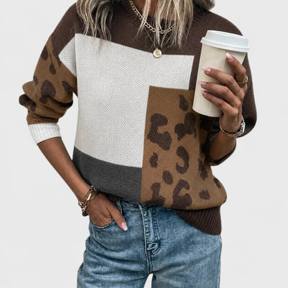 Women's color block animal print knit sweater with crew neck – Brown