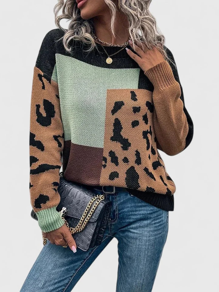 Women's color block animal print knit sweater with crew neck