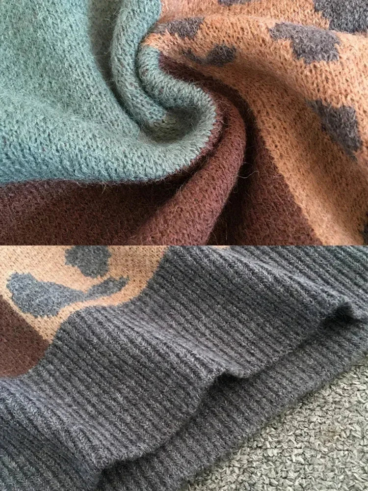 Women's color block animal print knit sweater with crew neck