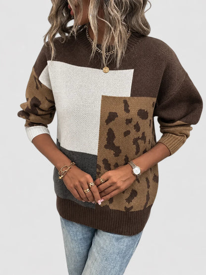 Women's color block animal print knit sweater with crew neck