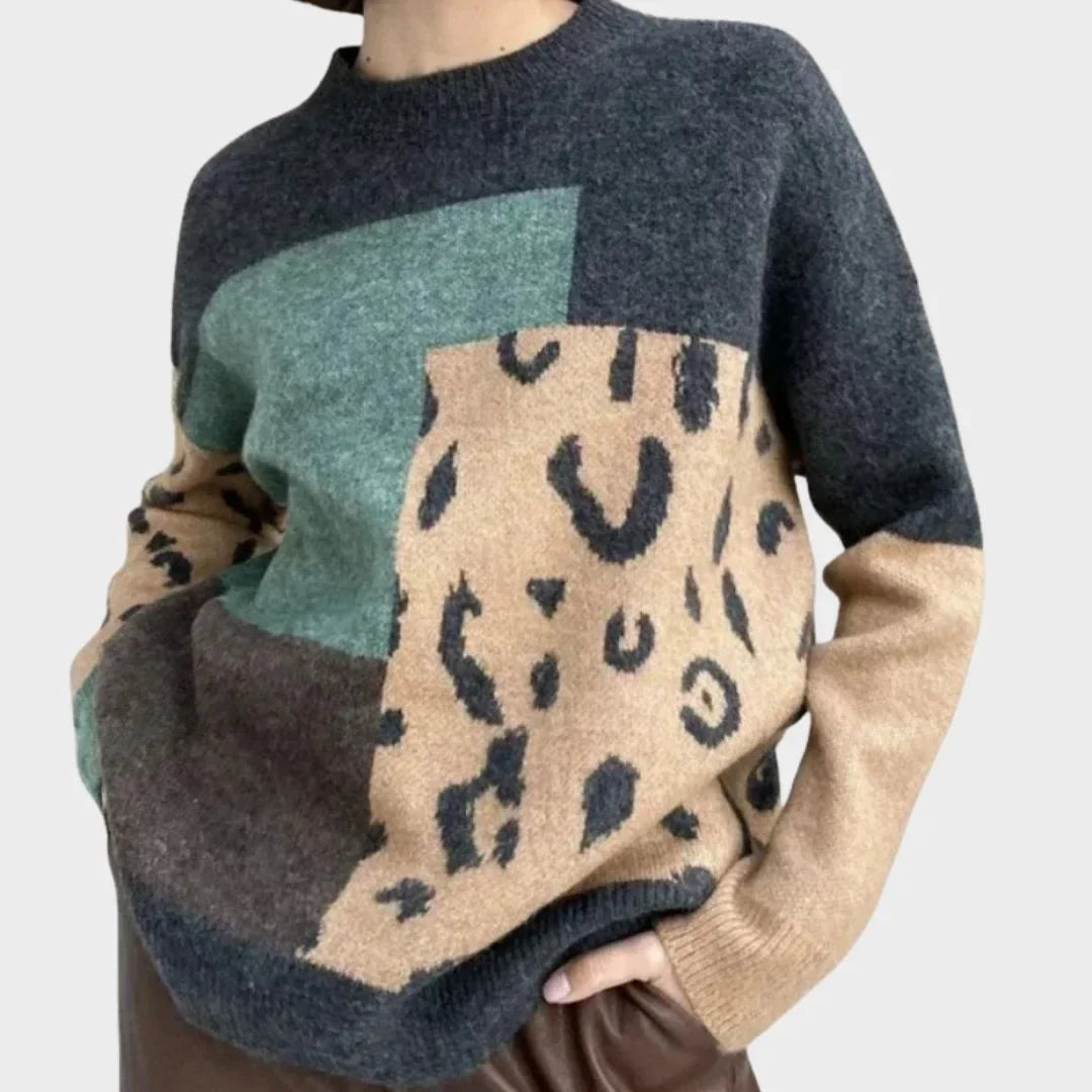 Women's color block animal print knit sweater with crew neck – Grey