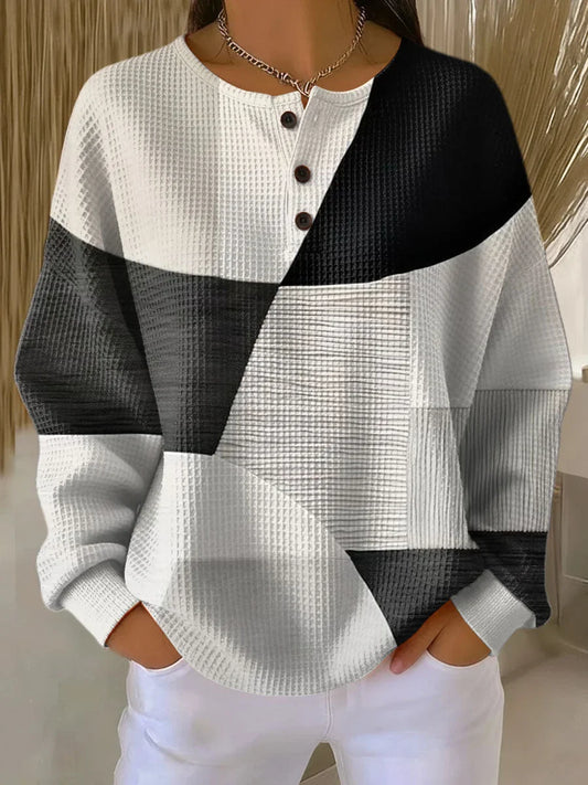 Women's color-block henley knit sweater with waffle texture and long sleeves – Multicolor