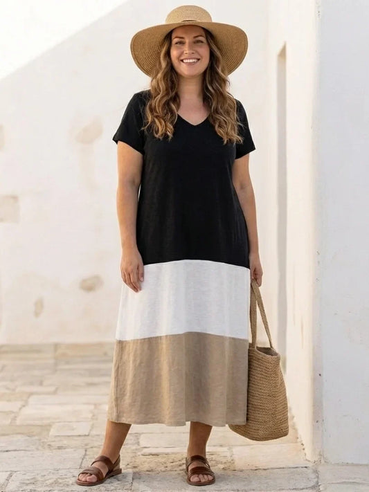 Women's color-block knit midi dress with V-neck short-sleeve