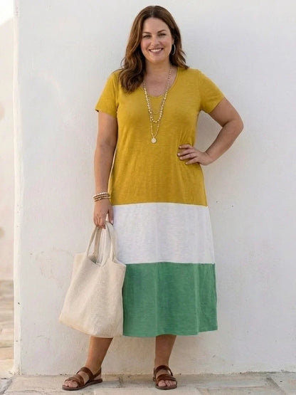 Women's color-block knit midi dress with V-neck short-sleeve