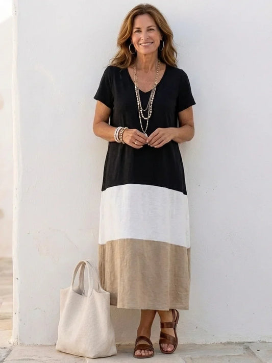 Women's color-block knit midi dress with V-neck short-sleeve – Black